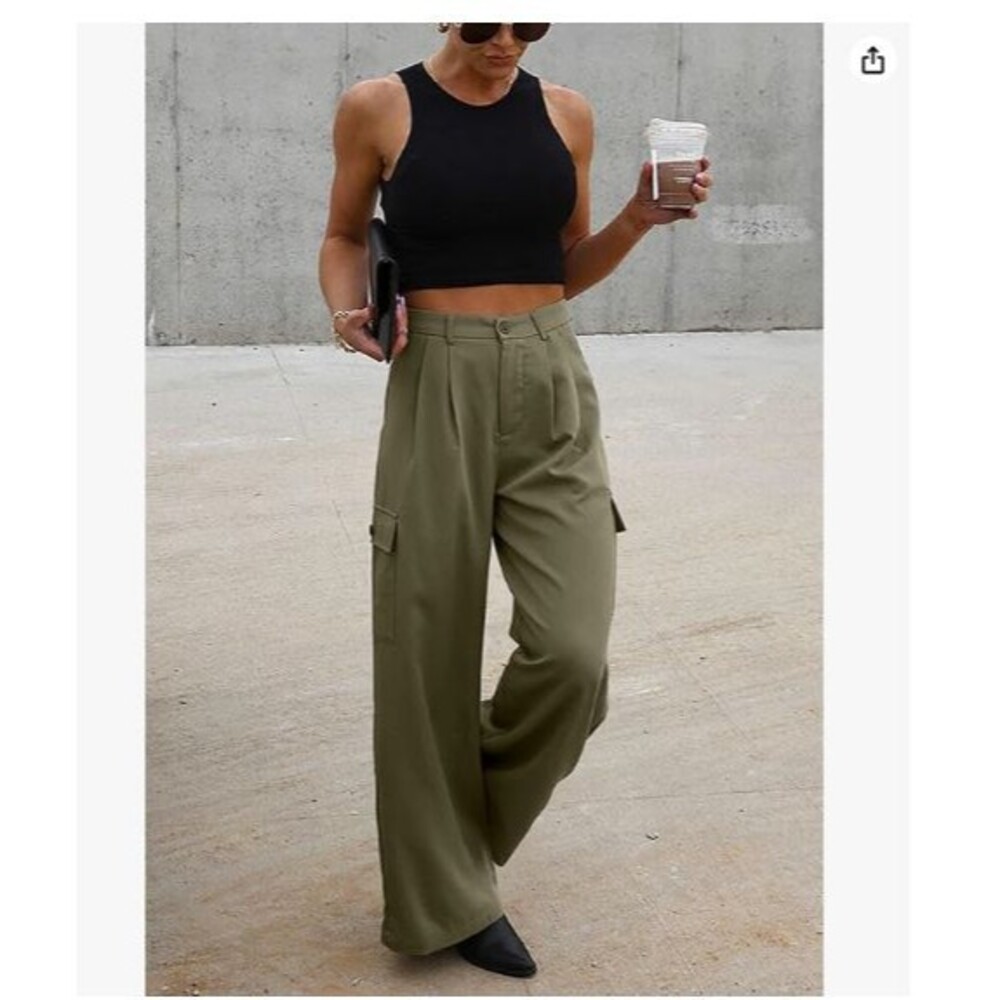 Dokotoo Women's High Waisted Pants Size 10 Wide Leg Cargo Baggy 4 Pocket Green